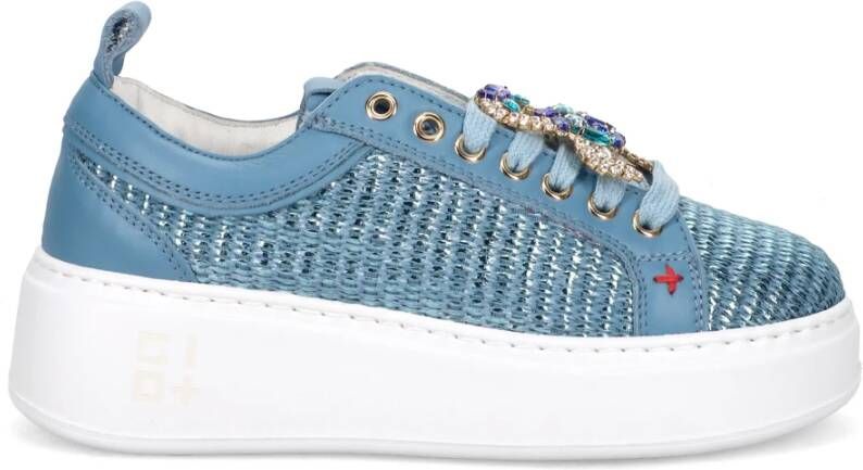 Gio+ Blauwe Leren Sneakers met Raffia Blue Dames