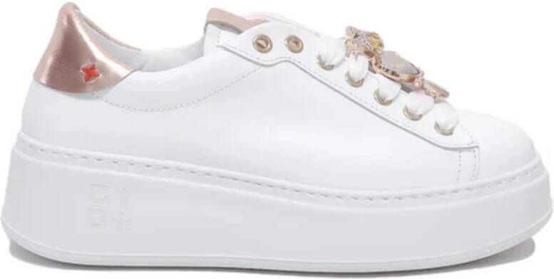 Gio+ Witte leren sneaker met Rosagold details White Dames