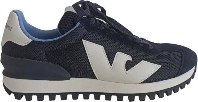 Emporio Armani Blauwe Sneaker met Logo van Mesh Leer en Suède Blauw Heren