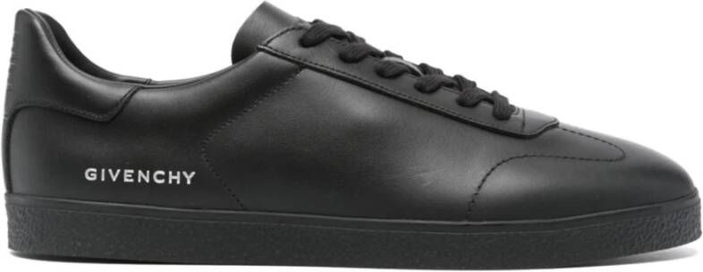 Givenchy Zwarte Leren Sneakers Ronde Neus Ingestanst Logo Black Heren