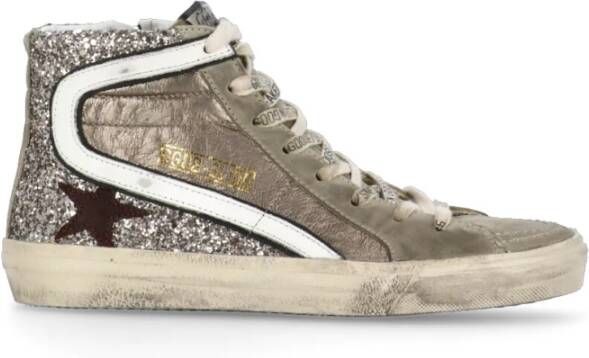 Golden Goose Grijze Leren High-Top Sneakers met Glitter Gray Dames