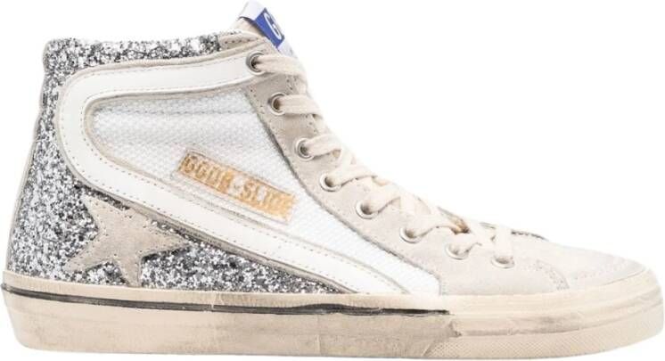 Golden Goose Zilver Wit Marmer Slide Net en Glitter Bovenkant Ster en Lijst Leren Golf Grijs Dames