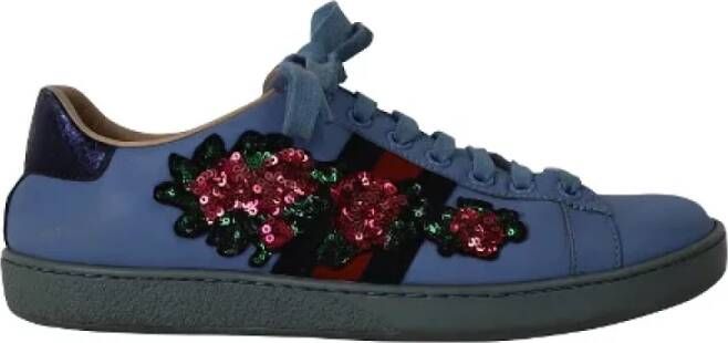 Gucci Vintage Blauwe Leren Sneakers met Bloemen Pailletten Blue Dames