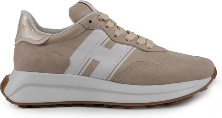 Hogan Beige Leren Sneakers met Technische Stof Inzetstukken Beige Dames