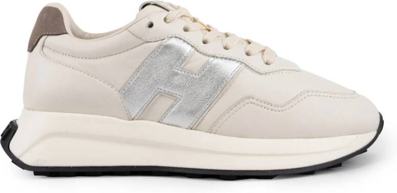 Hogan Ivoor Leren Sneakers Vetersluiting Voorzijde Beige Dames