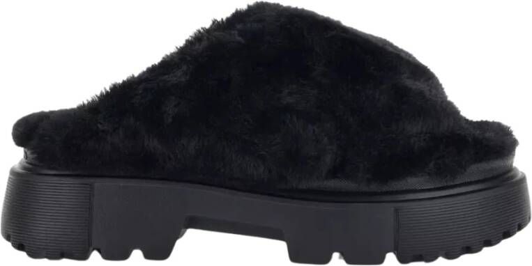 Hogan Zwarte Furry Slides Black Dames