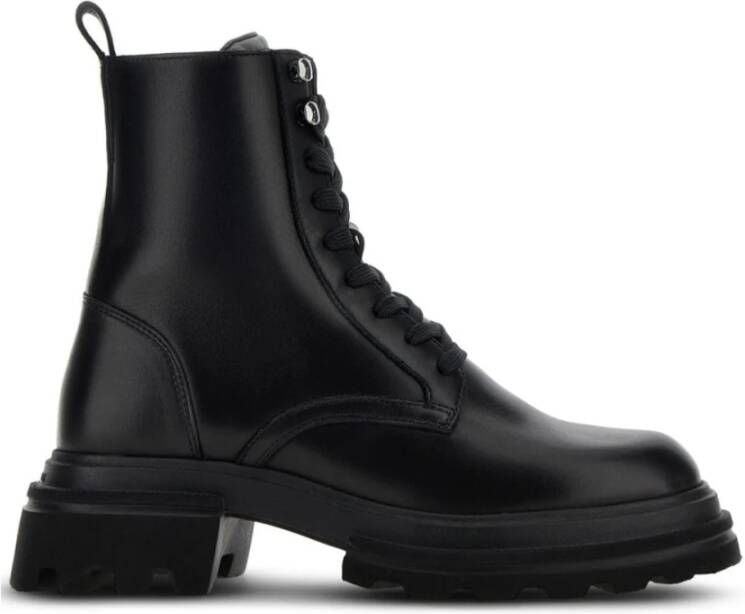 Hogan Zwarte Kalfsleren Veterschoenen met Dikke Rubberen Zool Black Dames