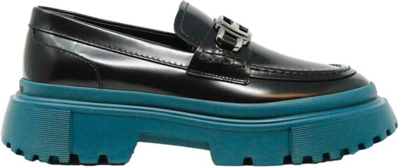 Hogan Zwarte Leren Mocassins met Teal Zool Black Dames