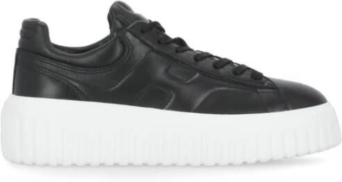 Hogan Zwarte Leren Sneakers Ronde Neus Vetersluiting Black Dames