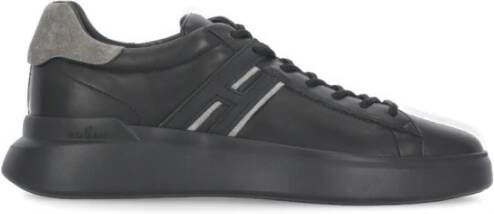 Hogan Zwarte Leren Sneakers Ronde Neus Vetersluiting Black Heren