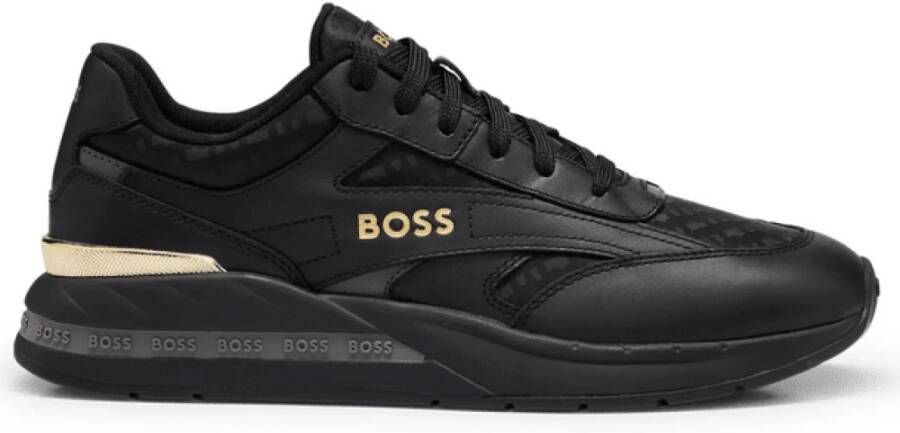 Hugo Boss Sportieve Leren en Jacquard Monogram Sneakers Zwart