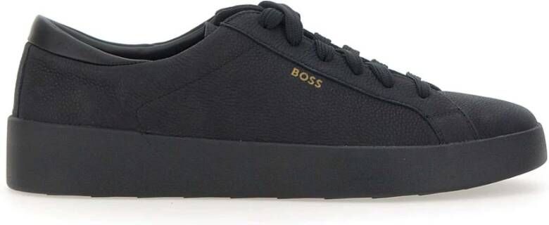 Hugo Boss Zwarte leren sneakers met gouden logo Black Heren