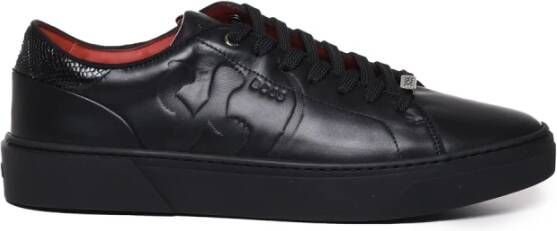 Hugo Boss Zwarte Leren Sneakers met Rode Accenten Black Heren