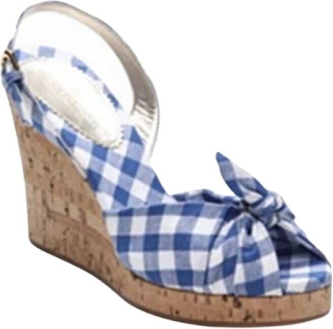 Ines De La Fressange Paris Blauwe Gingham Kurk Sleehak Sandalen Multicolor Dames