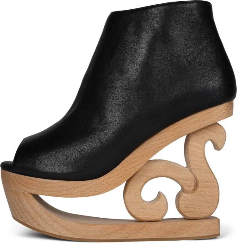 Jeffrey Campbell Zwarte Peep-Toe Enkellaars met Houten Sleehak Platform Black Dames