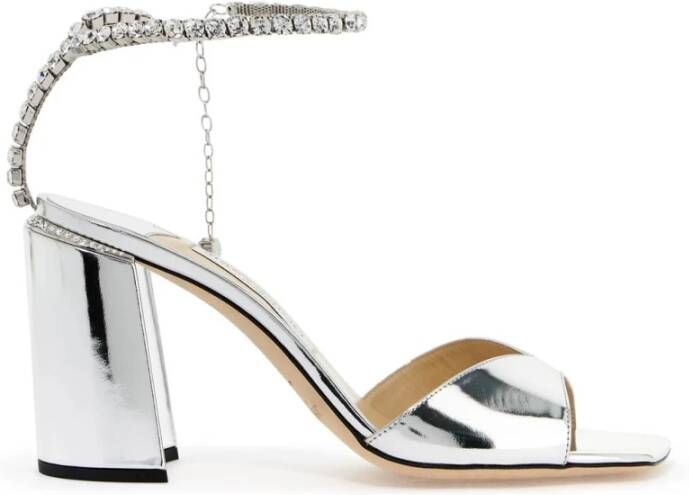 Jimmy Choo Kristalversierde Metallic Leren Sandalen Gray Dames