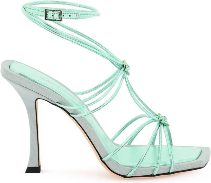 Jimmy Choo Metallic Leren Indiya Sandalen met Kristalversierde Bandjes Green Dames