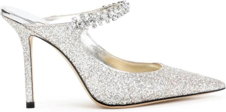 Jimmy Choo Metallic Leren Strass Pantoffels Gray Dames