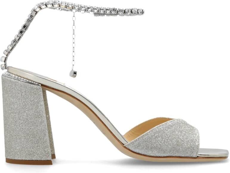 Jimmy Choo Glitter Blokhak Sandalen met Juwelen Gesp White Dames