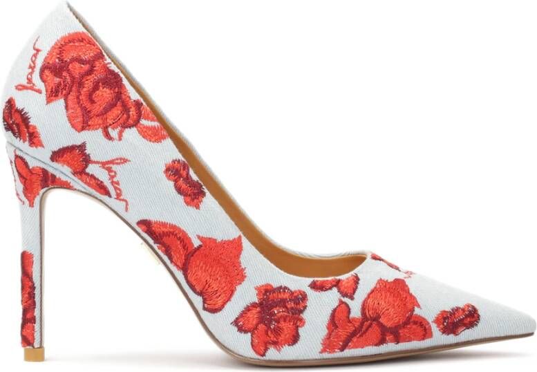 Kazar Blauwe denim pumps met rode bloemen Multicolor Dames