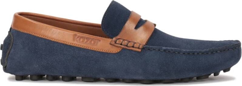 Kazar Heren marineblauwe mocassins met bruine leren inzetstukken Blue Heren