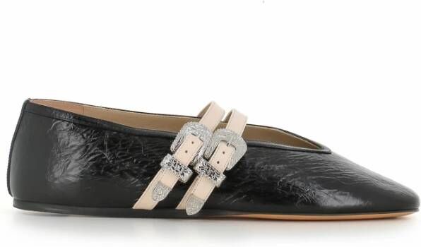 Le Monde Beryl Zwarte platte schoenen met zilveren gespen Black Dames