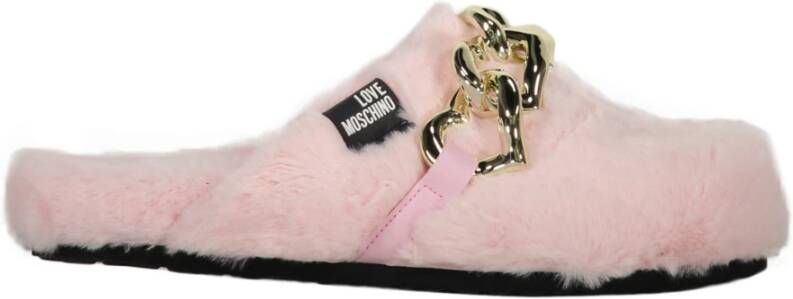 Love Moschino Faux Fur Slip-On Mules met Ketting Pink Dames