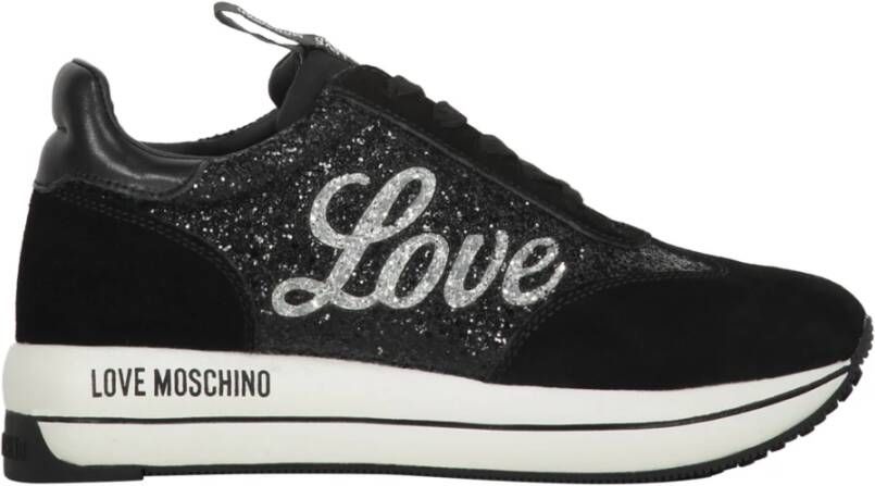 Love Moschino Glitter Low-Top Sneakers met Suede Inserts Black Dames