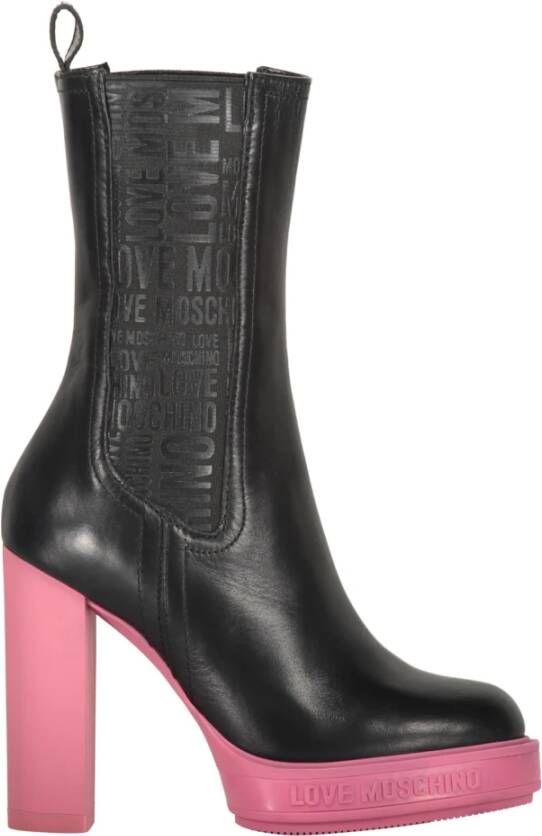 Love Moschino Leren laarzen met logo-inzetstukken en amandelvormige neus Black Dames