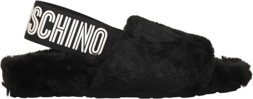 Love Moschino Platte sandalen met nepbont en logodetail Black Dames