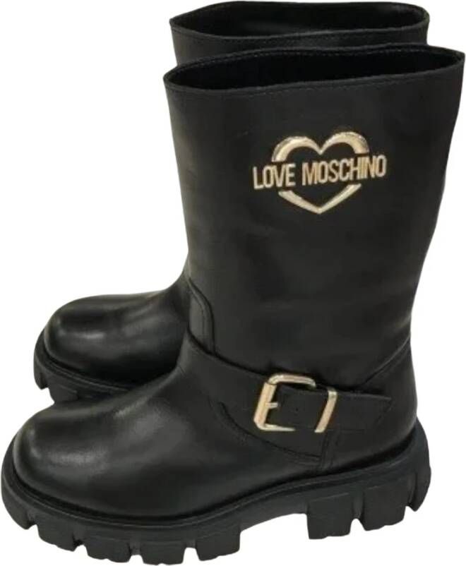 Love Moschino Zwarte Leren Enkellaars Platte Schoenen Black Dames