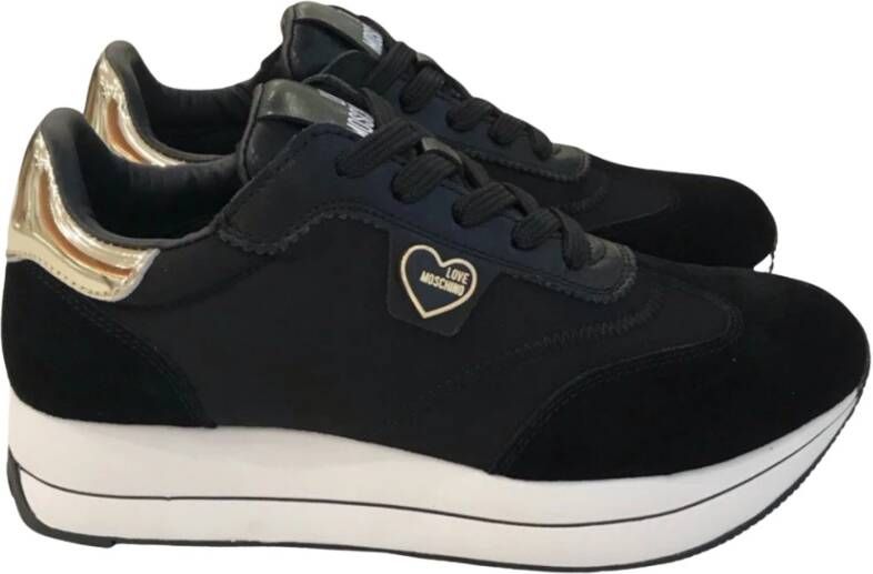 Love Moschino Zwarte platte sneakers met suède details Black Dames