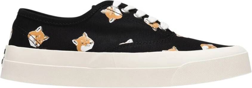 Maison Kitsuné All Over Fox Head Sneakers in Black Canvas Zwart