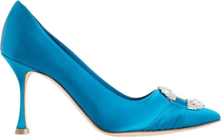 Manolo Blahnik Blauwe Satijnen Juweelgesp Pumps Blue Dames