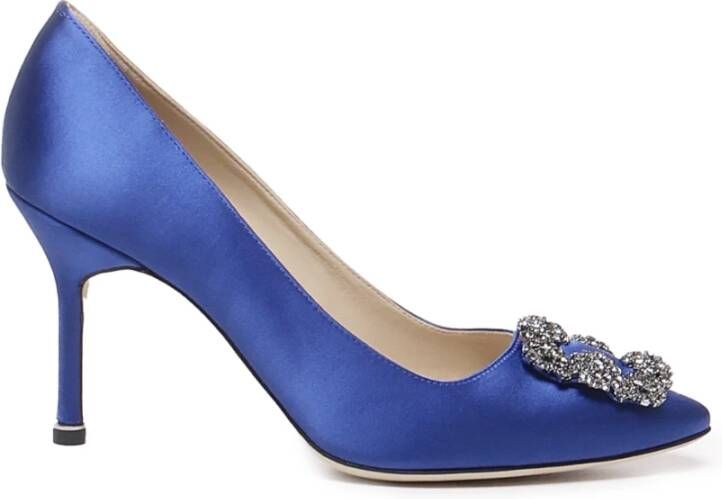 Manolo Blahnik Blauwe Satijnen Décolleté met Kristallen Gesp Blue Dames