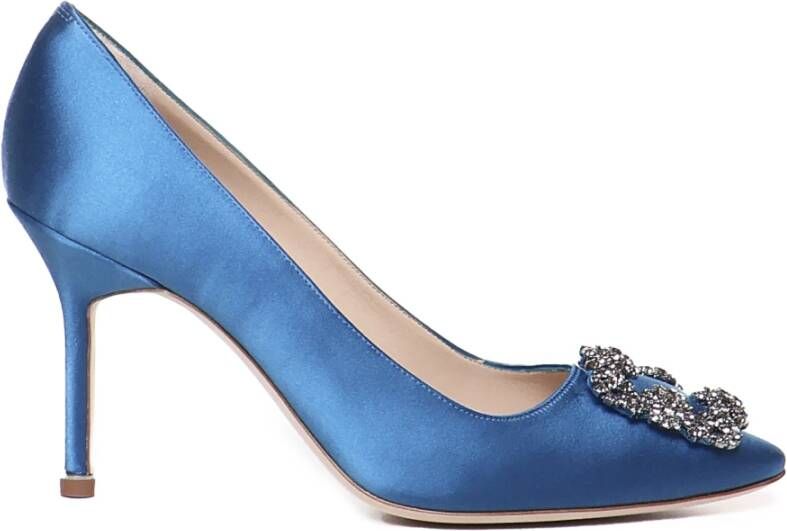 Manolo Blahnik Blauwe Satijnen Kristal Gesp Hak Pumps Blue Dames