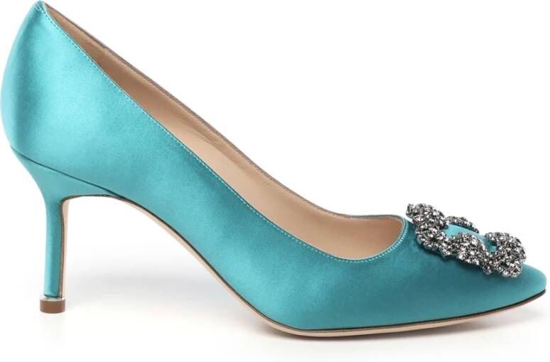 Manolo Blahnik Blauwe Satijnen Kristal Gesp Hakken Blue Dames