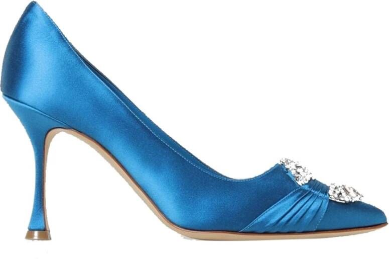 Manolo Blahnik Blauwe Satijnen Pumps met Puntige Neus Blue Dames