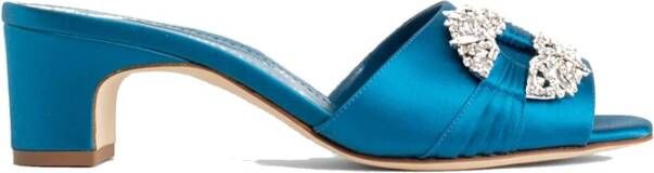 Manolo Blahnik Blauwe Slip-On Satijnen Muiltjes Schoenen Blue Dames