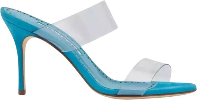 Manolo Blahnik Blauwe Suède Sandalen met PVC Bandjes Blue Dames