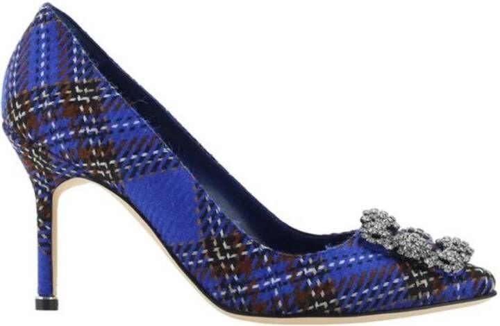 Manolo Blahnik Tartan Wol Pumps met Kristallen Gesp Blue Dames