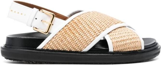 Marni Leren en Raffia Kruisband Sandalen Beige Dames