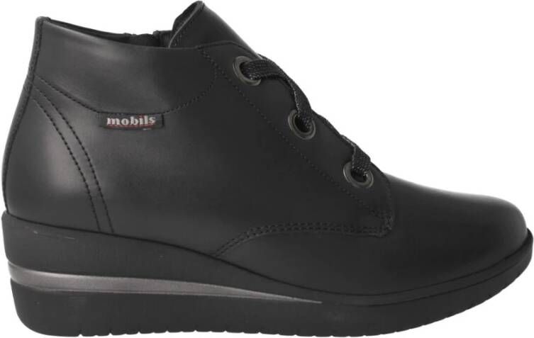 Mephisto Zwarte leren dames enkellaarsjes Black Dames