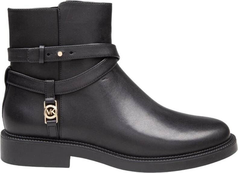 Michael Kors Zwarte Leren Enkellaarzen Ronde Neus Black Dames