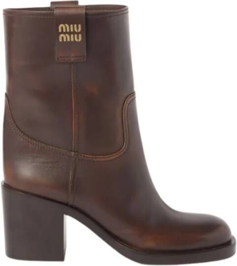 Miu Leren enkellaarzen met logo Brown Dames