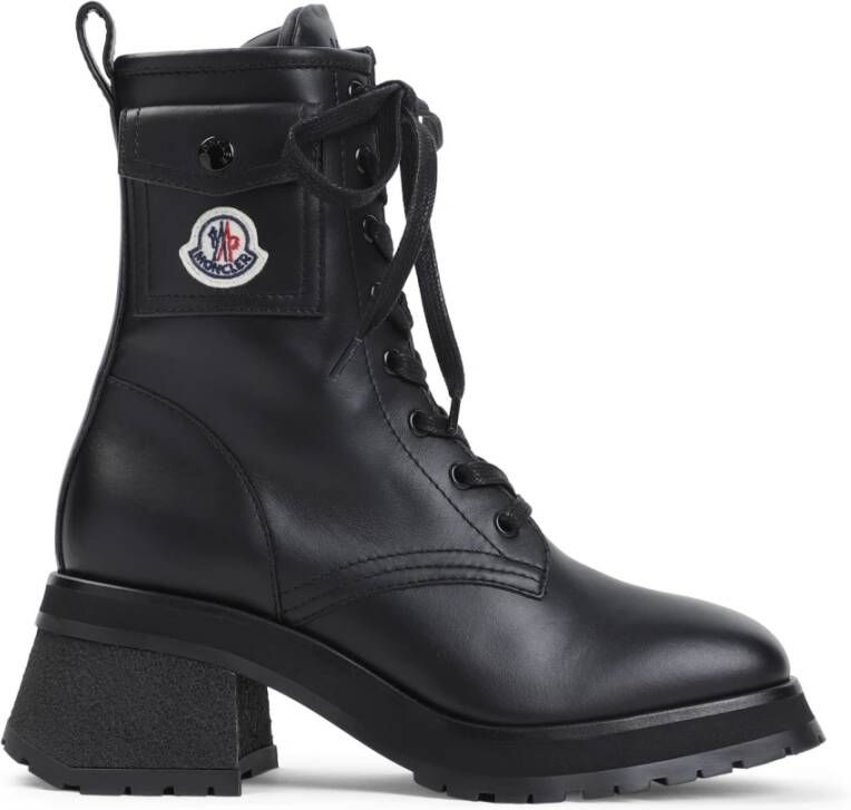 Moncler Zwarte Leren Enkellaarzen Vetersluiting Blokhak Black Dames