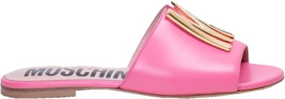 Moschino Gouden M Logo Leren Sliders Pink Dames