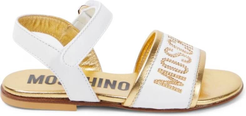 Moschino Lage Leren Sandaal met Logo Lettering en Strass White Dames