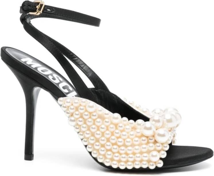 Moschino Zwarte Satijnen Stiletto Sandalen met Faux-Parel Versiering Black Dames