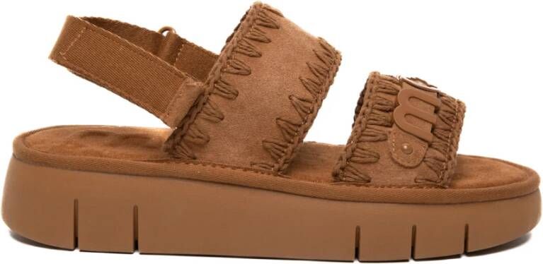 Mou Bruin Leren Plateau Sandalen Haakdetails Brown Dames